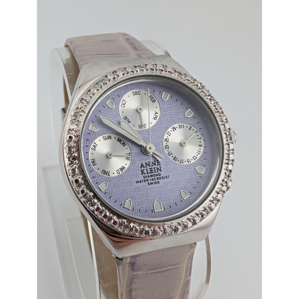 Anne Klein Swiss Diamond Watch Women 32mm Case Purple Leather Band- New Battery‎